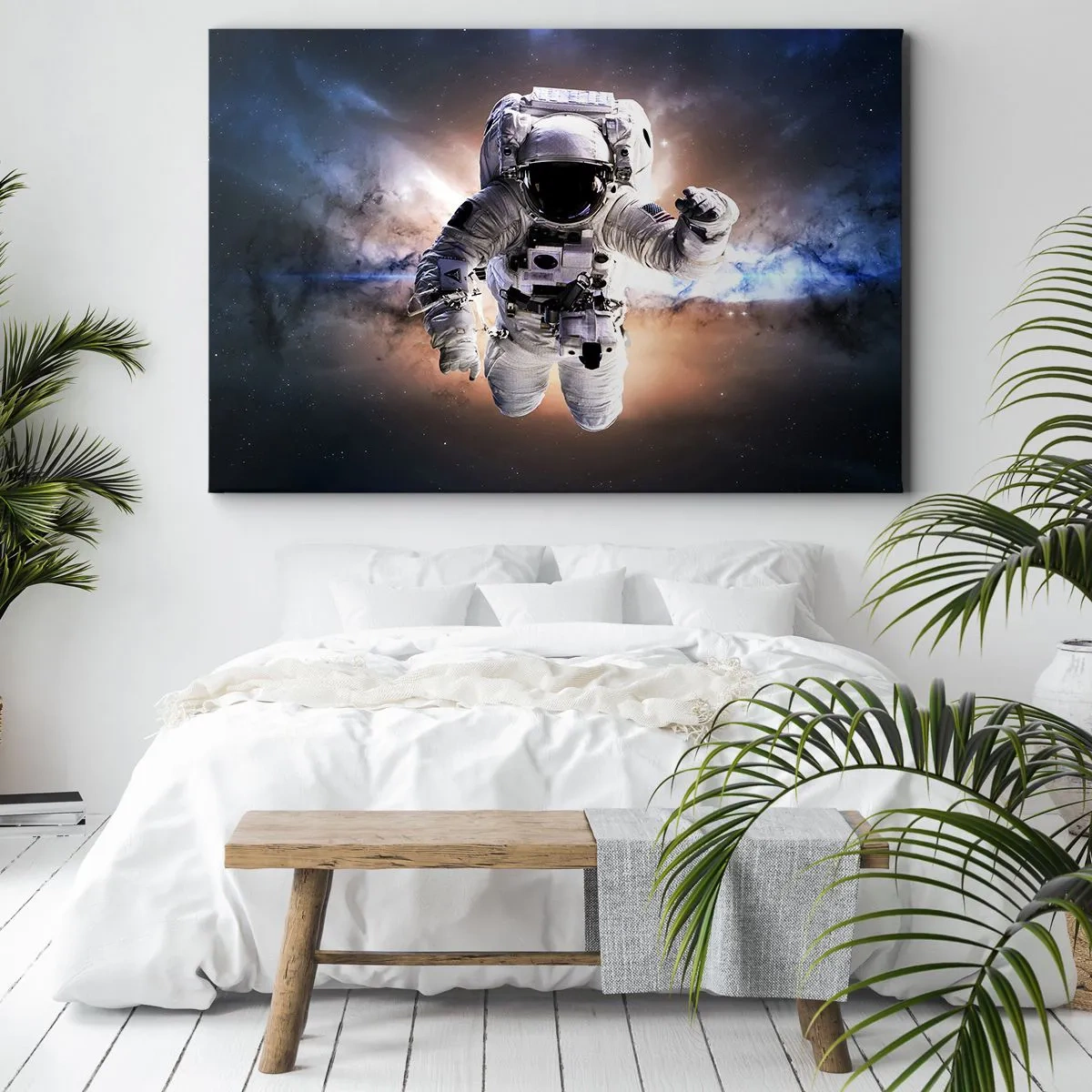 Tablou pe pânză Canvas - Astronautul în spațiu - 70x50cm - Salutări din spațiul cosmic - Decorațiune modernă pentru perete pentru living și dormitor ARTTOR