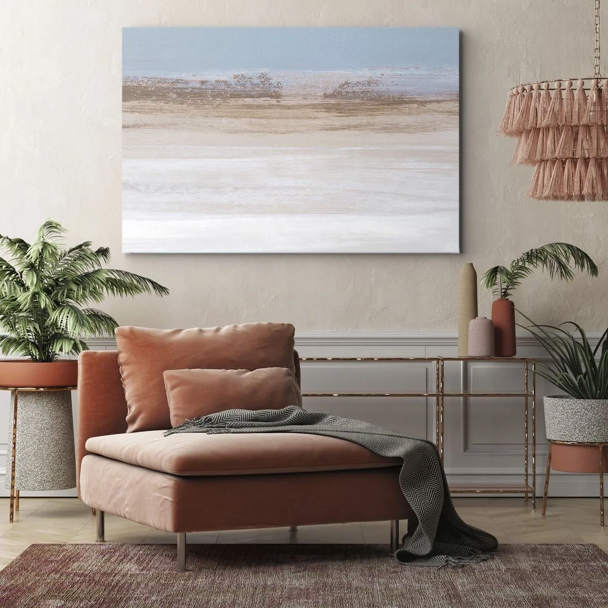 Tablou pe pânză Canvas - Un peisaj subtil în nuanțe pastelate de albastru și bej - 70x50cm - Un peisaj ambiguu - Decorațiune modernă pentru perete pentru living și dormitor ARTTOR