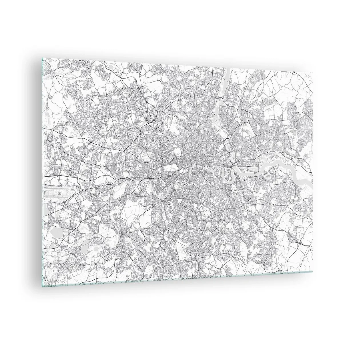 Tablou pe sticlă - O hartă alb-negru cu o grilă stradală densă, într-un stil minimalist. - 70x50cm - Harta labirintului din Londra - Decorațiune modernă pentru perete pentru living și dormitor ARTTOR