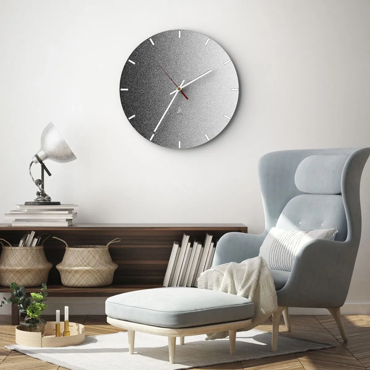 Ceas de perete - Ceas pe sticlă - Un gradient alb-negru format din puncte dense care se estompează în lumină. - 30x30cm - Spre lumină - Decorațiune modernă pentru perete pentru living, bucătărie și dormitor ARTTOR