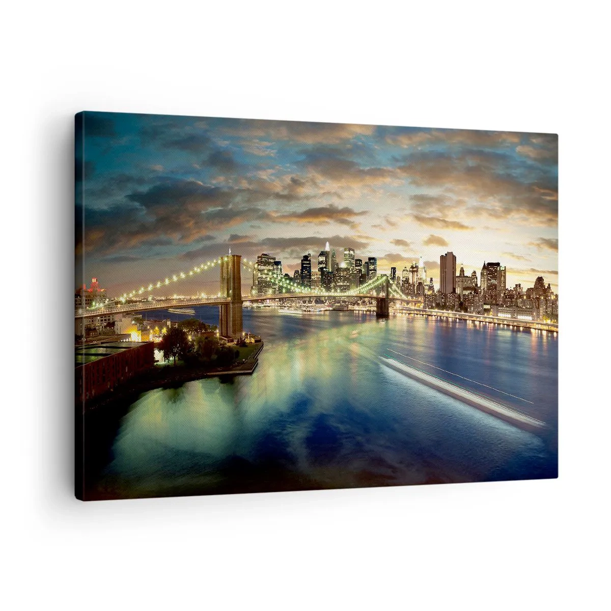 Tablou pe pânză Canvas - Un pod iluminat cu orașul în fundal, cu lumini reflectate în apă. - 70x50cm - O seară luminată deasupra Manhattan-ului - Decorațiune modernă pentru perete pentru living și dormitor ARTTOR