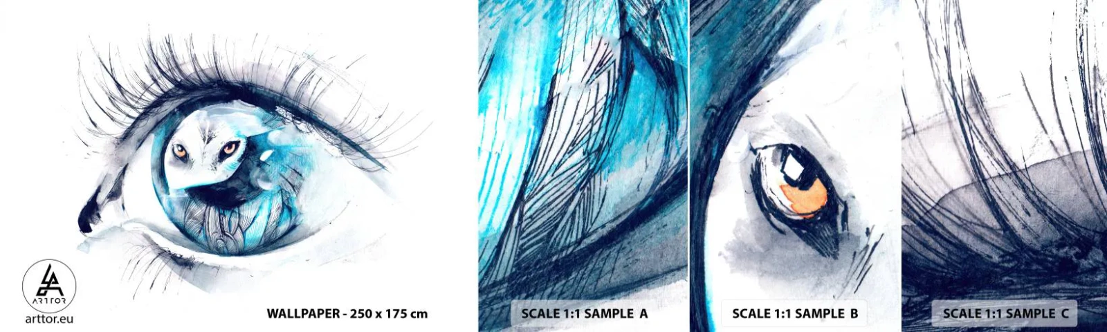 Mostră tapet autocolant Deluxe Sticker - Ochi în ochi cu sălbăticia - Abstracția, Ochi, Bufniţă - 100x30 cm