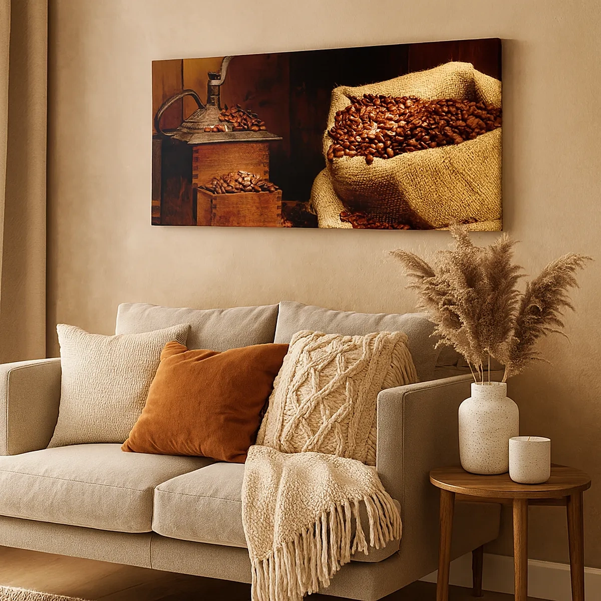 Tablou pe pânză - Natură moartă cu boabe de cafea și măcinător - 30x30 cm