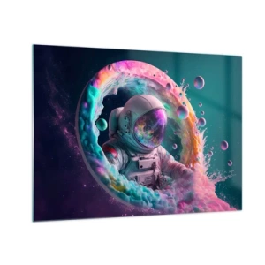 Tablou pe sticlă - Astronautul în spațiul colorat - 70x50cm - Poarta stelară  - Decorațiune modernă pentru perete pentru living și dormitor ARTTOR