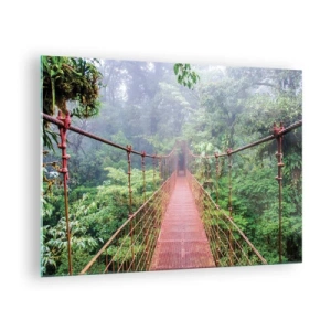 Tablou pe sticlă - Un pod suspendat roșu peste o junglă verde în ceață - 70x50cm - Suspendat deasupra coroanelor arborilor - Decorațiune modernă pentru perete pentru living și dormitor ARTTOR