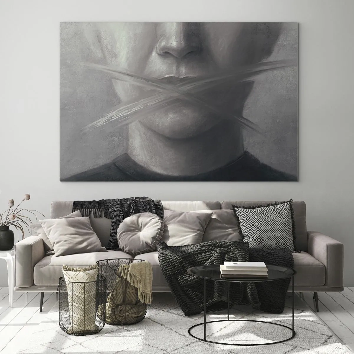 Tablou pe sticlă - Portretul unei persoane cu buze pătate în nuanțe de gri - 70x50cm - Nici un cuvânt - Decorațiune modernă pentru perete pentru living și dormitor ARTTOR