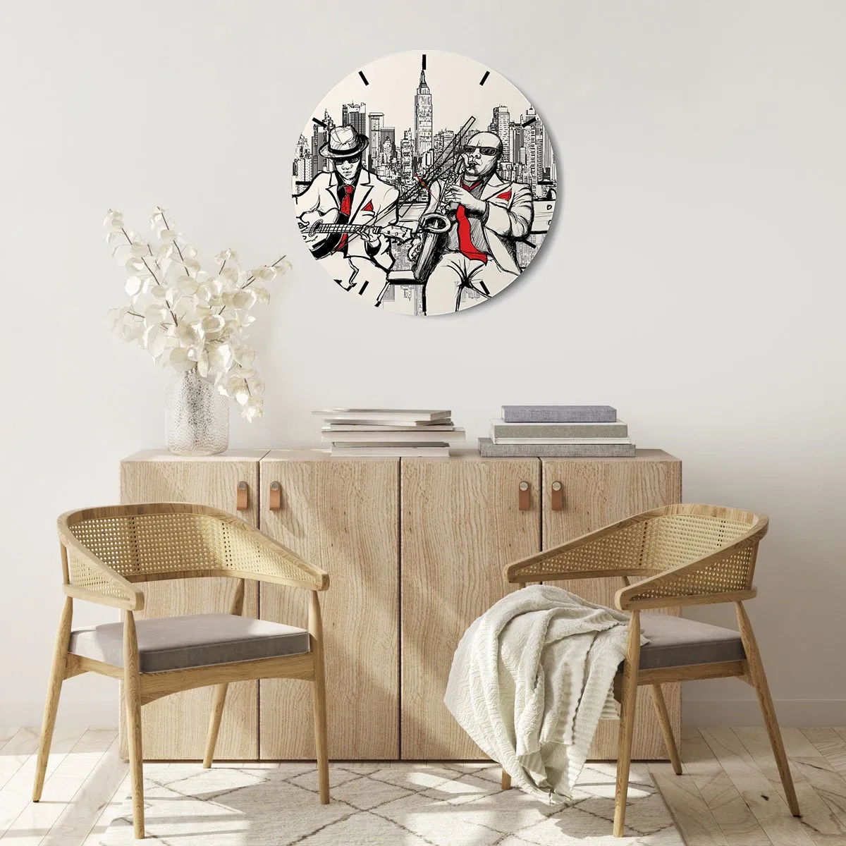 Ceas de perete - Ceas pe sticlă - Un cadran de ceas cu motiv de muzicieni de jazz pe fundalul orașului New York - 30x30cm - Improvizație la New York - Decorațiune modernă pentru perete pentru living, bucătărie și dormitor ARTTOR