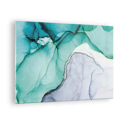 Tablou pe sticlă - pictură abstractă în nuanțe de turcoaz și alb, cu crăpături delicate. - 70x50cm - Studiu în turcoaz - Decorațiune modernă pentru perete pentru living și dormitor ARTTOR