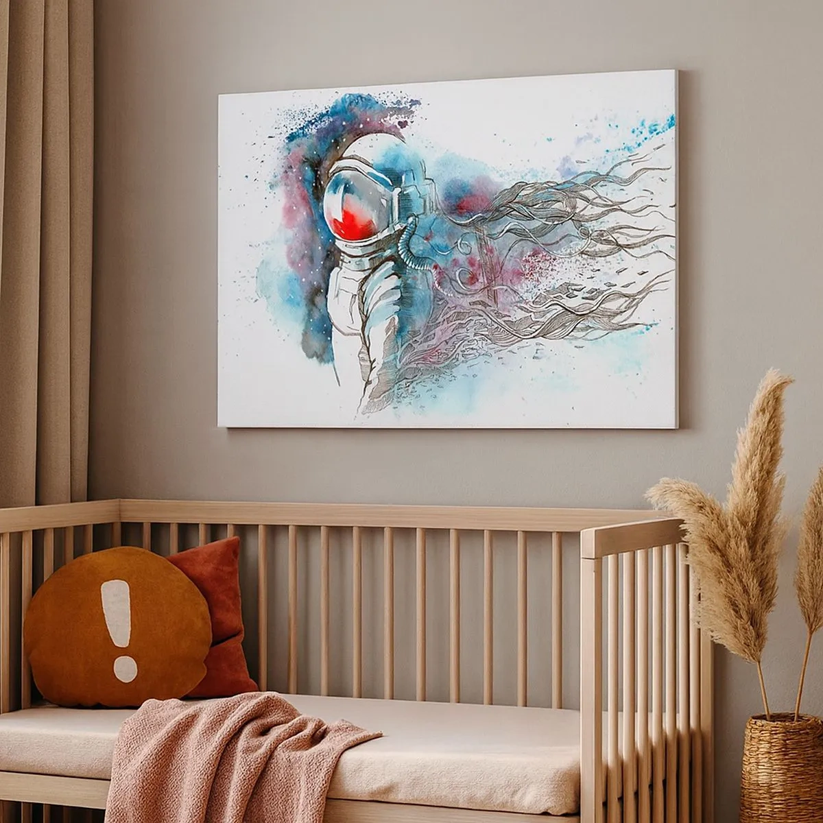 Tablou pe pânză Canvas - Un cosmonaut într-o acuarelă dinamică cu detalii cosmice - 70x50cm - Singur cu cosmosul - Decorațiune modernă pentru perete pentru living și dormitor ARTTOR