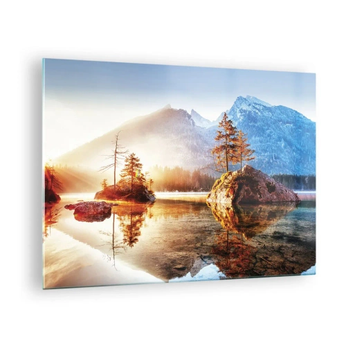 Tablou pe sticlă - Peisaj montan dimineața cu copaci și reflecție în lac - 70x50cm - Natura într-o nouă lumină - Decorațiune modernă pentru perete pentru living și dormitor ARTTOR