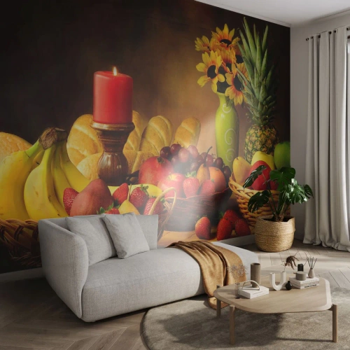 Tapet Premium Sand - Natură moarte cu pâine și fructe - Gastronomie, Flori, Fructe - 250x175 cm