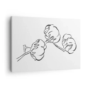 Tablou pe pânză Canvas - Un contur delicat al unei ramuri de bumbac pe un fundal alb - 70x50cm - Pufuri de bumbac - Decorațiune modernă pentru perete pentru living și dormitor ARTTOR