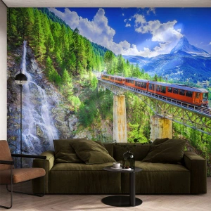 Tapet Premium Sand - Calea ferată din Alpi - Tren, Pod, Peisaj - 250x175 cm