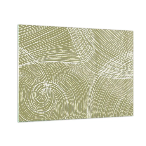 Tablou pe sticlă - Liniile albe formează o structură complexă pe un fundal verde măsliniu. - 70x50cm - Abstracție complicată în alb - Decorațiune modernă pentru perete pentru living și dormitor ARTTOR
