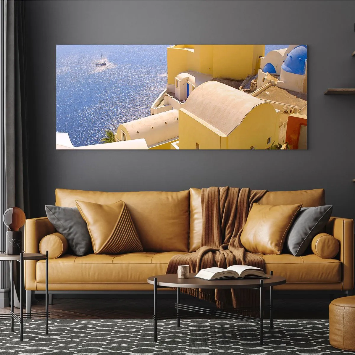 Tablou pe sticlă - Peisaj grecesc în alb și albastru - 140x50 cm