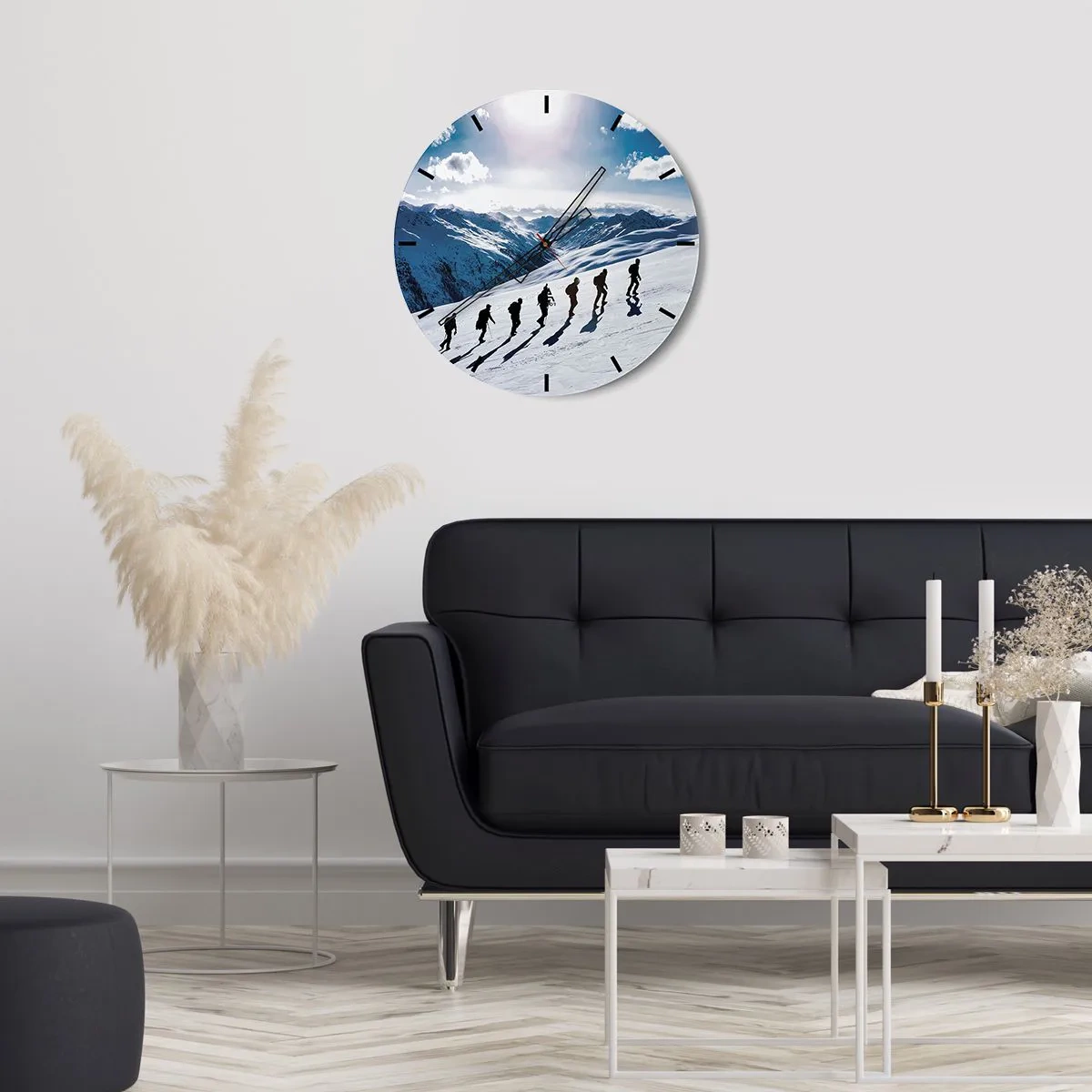 Ceas de perete - Ceas pe sticlă - Un grup de alpiniști în munți înzăpeziți sub un cer senin - 30x30cm - Echipa câștigătoare - Decorațiune modernă pentru perete pentru living, bucătărie și dormitor ARTTOR