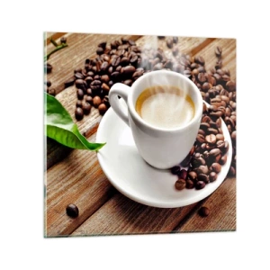 Tablou pe sticlă - Cafea pe bancă - 30x30 cm