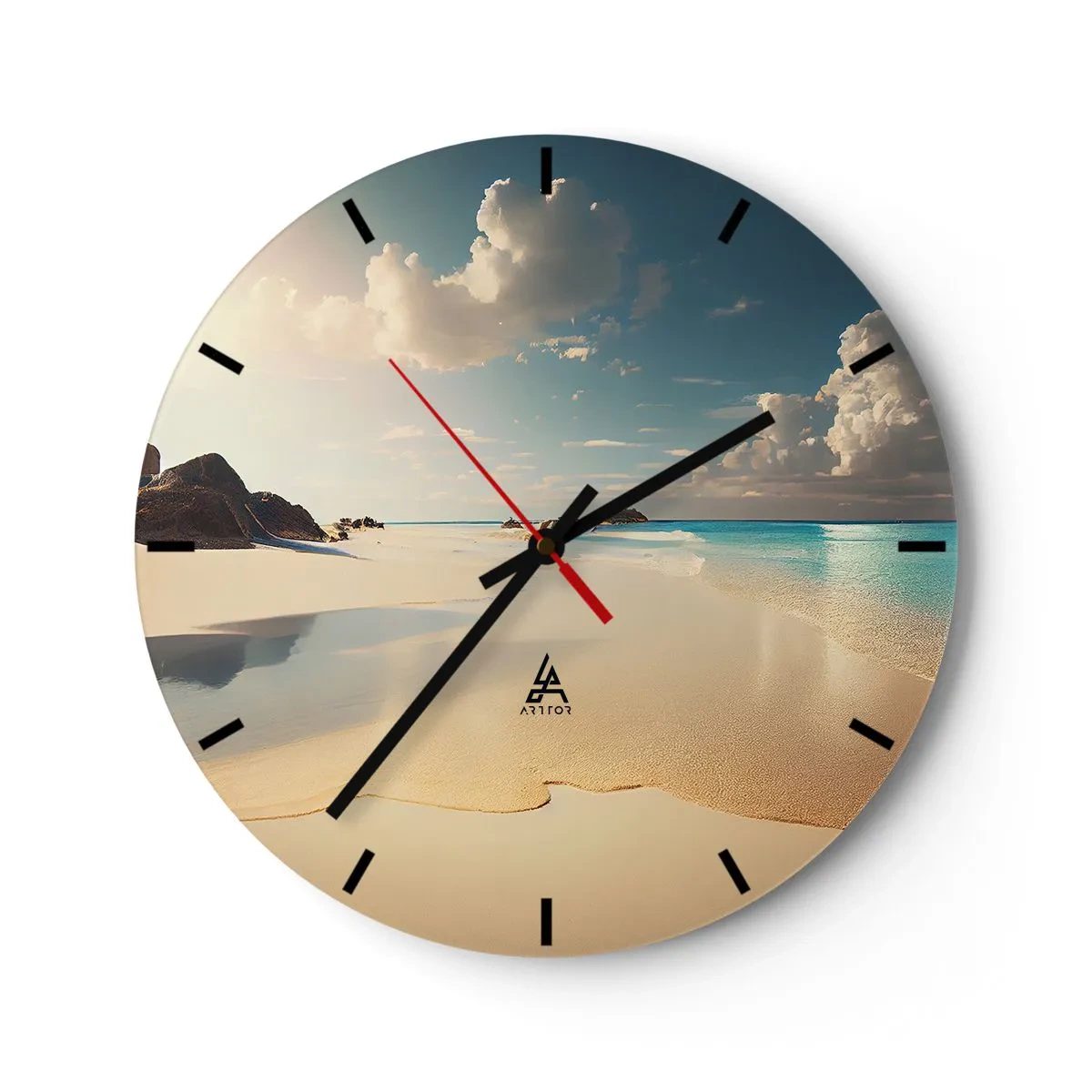 Ceas de perete - Ceas pe sticlă - Plajă tropicală cu nisip alb și apă turcoaz - 30x30cm - O zi de vis - Decorațiune modernă pentru perete pentru living, bucătărie și dormitor ARTTOR