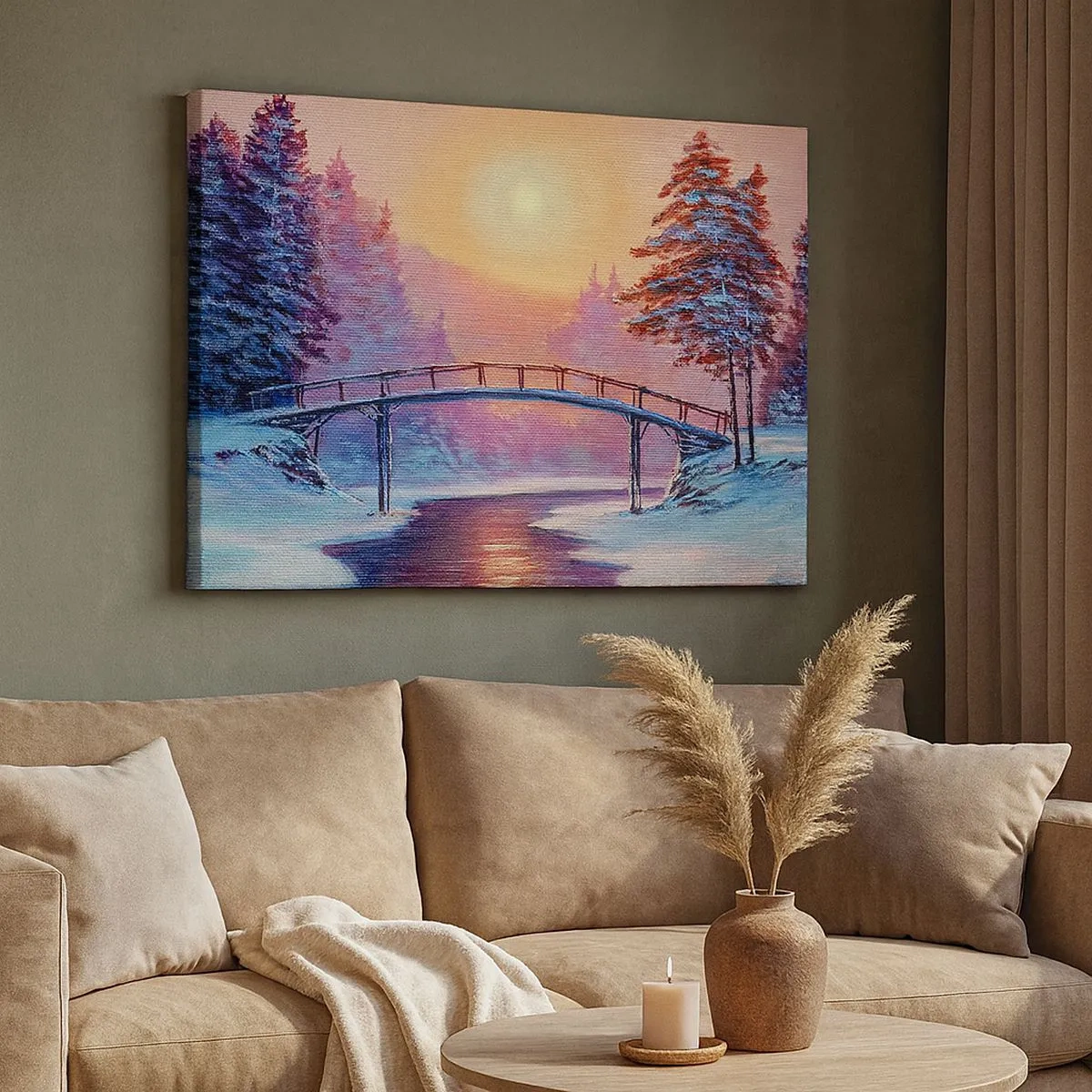 Tablou pe pânză Canvas - Peisaj de iarnă cu un pod iluminat de apusul soarelui - 70x50cm - Cele patru anotimpuri - iarna - Decorațiune modernă pentru perete pentru living și dormitor ARTTOR
