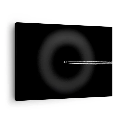 Tablou pe pânză Canvas - Un avion cu reacție cu o dâră de condensare vizibilă pe un fundal negru - 70x50cm - Într-o altă dimensiune - Decorațiune modernă pentru perete pentru living și dormitor ARTTOR