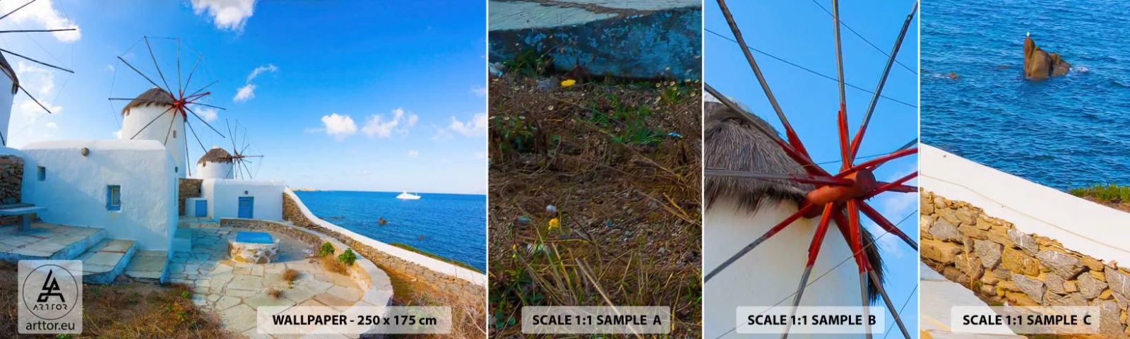 Mostră tapet autocolant Deluxe Sticker - Vânt albastru dinspre mare - Arhitectură, Peisaj, Grecia - 100x30 cm