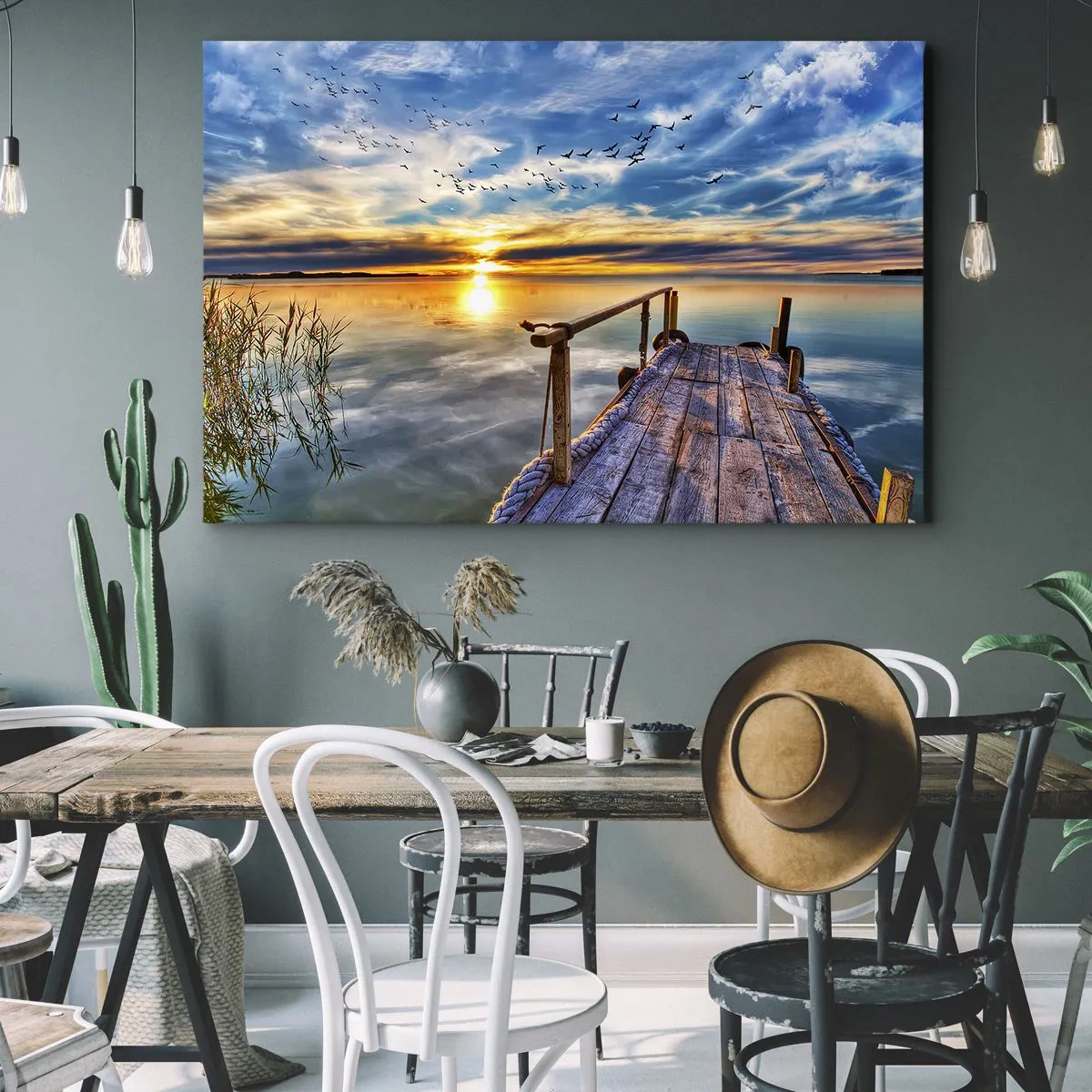 Tablou pe pânză Canvas - ponton de lemn peste lac la apus - 70x50cm - Vântul se odihnește - Decorațiune modernă pentru perete pentru living și dormitor ARTTOR