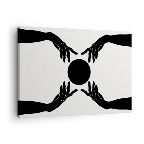 Tablou pe pânză Canvas - Mâini negre într-o compoziție simetrică cu o minge - 70x50cm - Semnul secret - Decorațiune modernă pentru perete pentru living și dormitor ARTTOR