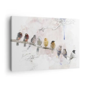 Tablou pe pânză Canvas - Păsări colorate pe o ramură în stil acuarelă - 70x50cm - Întâlnire înaripată - Decorațiune modernă pentru perete pentru living și dormitor ARTTOR