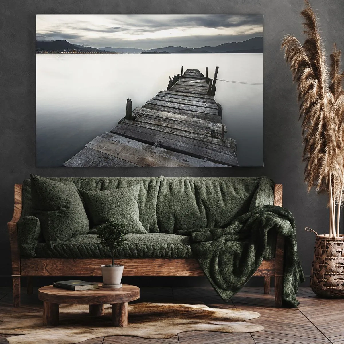 Tablou pe pânză Canvas - Un pod de lemn care duce spre un lac liniștit - 70x50cm - Scufundă-te în pace - Decorațiune modernă pentru perete pentru living și dormitor ARTTOR