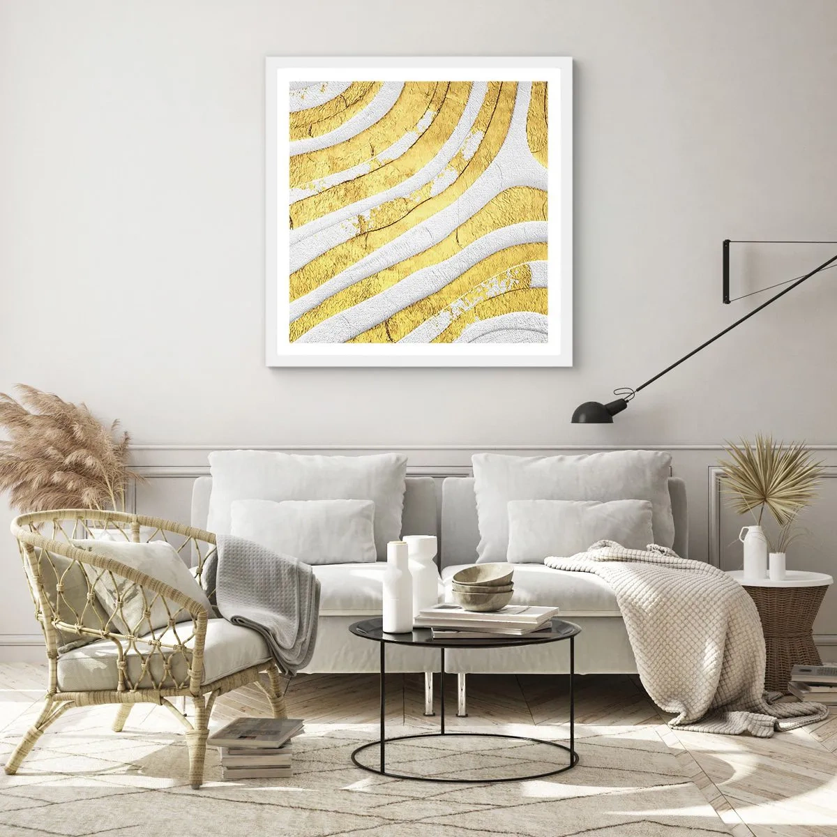 Poster în ramă albă - Compoziția în alb și auriu - 30x30 cm