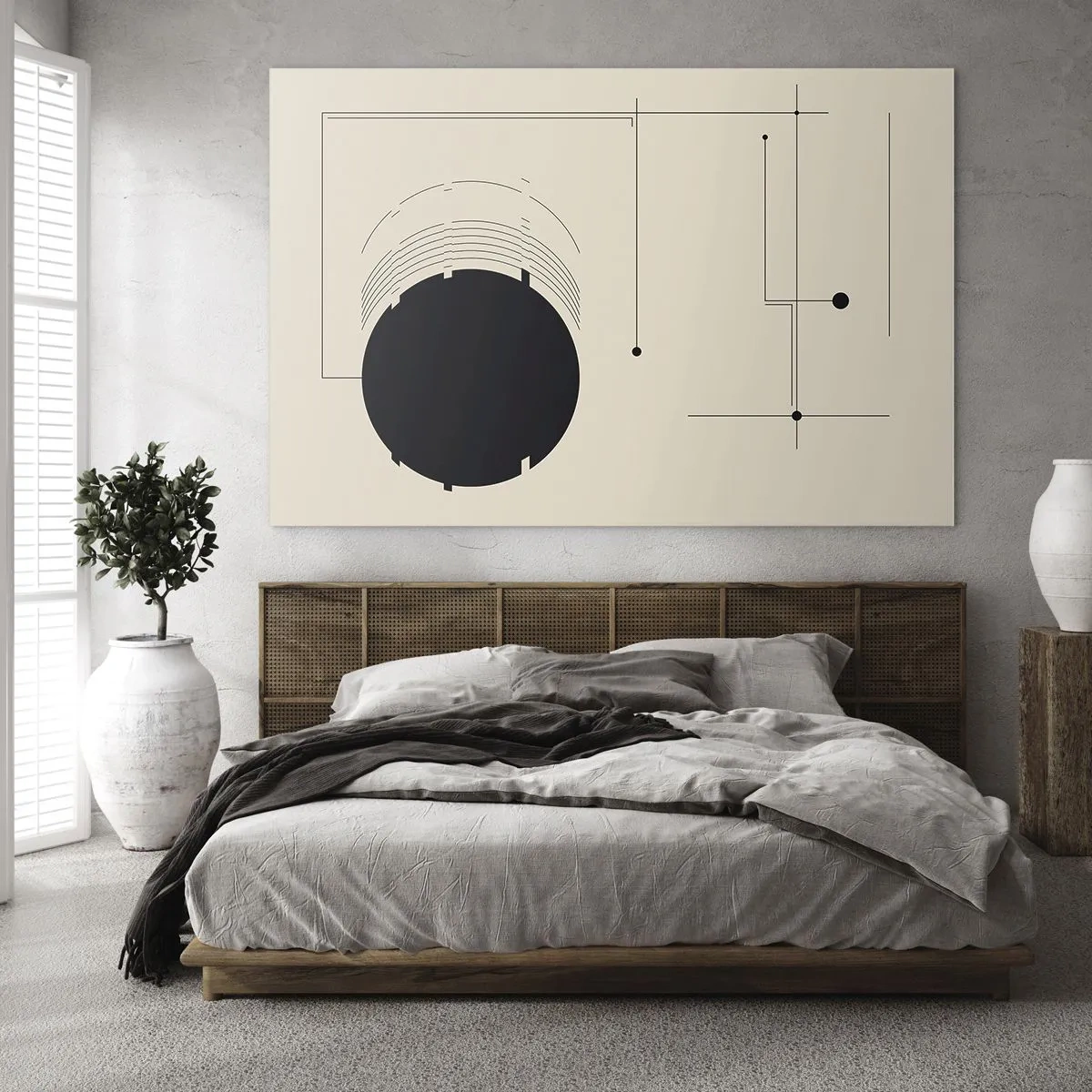 Tablou pe sticlă - Compoziție abstractă cu un cerc negru și linii geometrice - 70x50cm - Compoziție flexibilă și dinamică - Decorațiune modernă pentru perete pentru living și dormitor ARTTOR