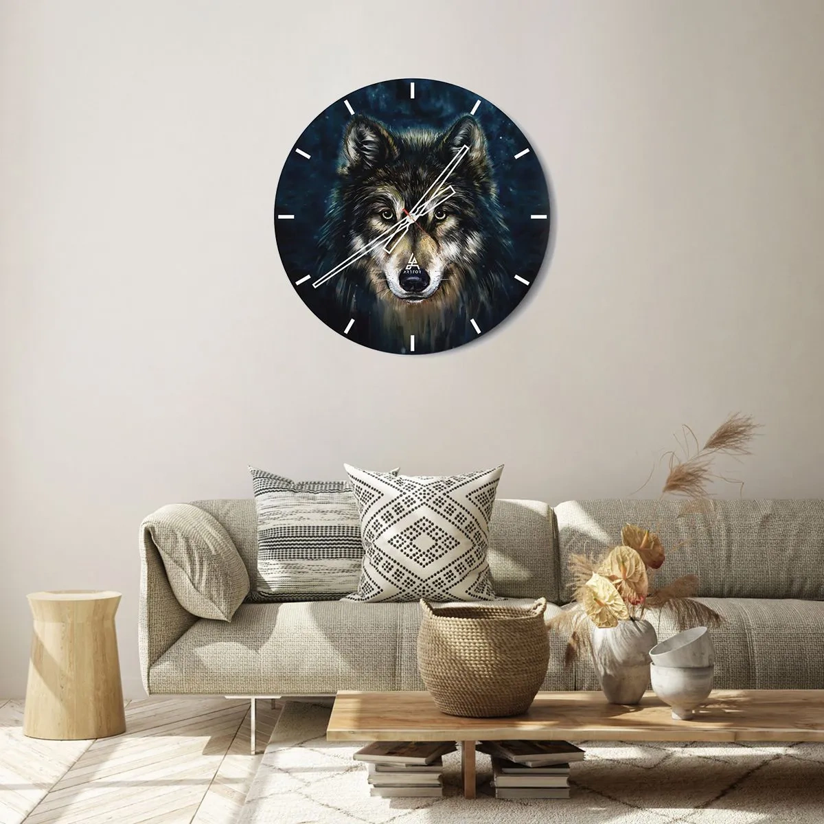 Ceas de perete - Ceas pe sticlă - Portretul unui lup pe un cer albastru închis - 30x30cm - Alfa? Și omega - Decorațiune modernă pentru perete pentru living, bucătărie și dormitor ARTTOR