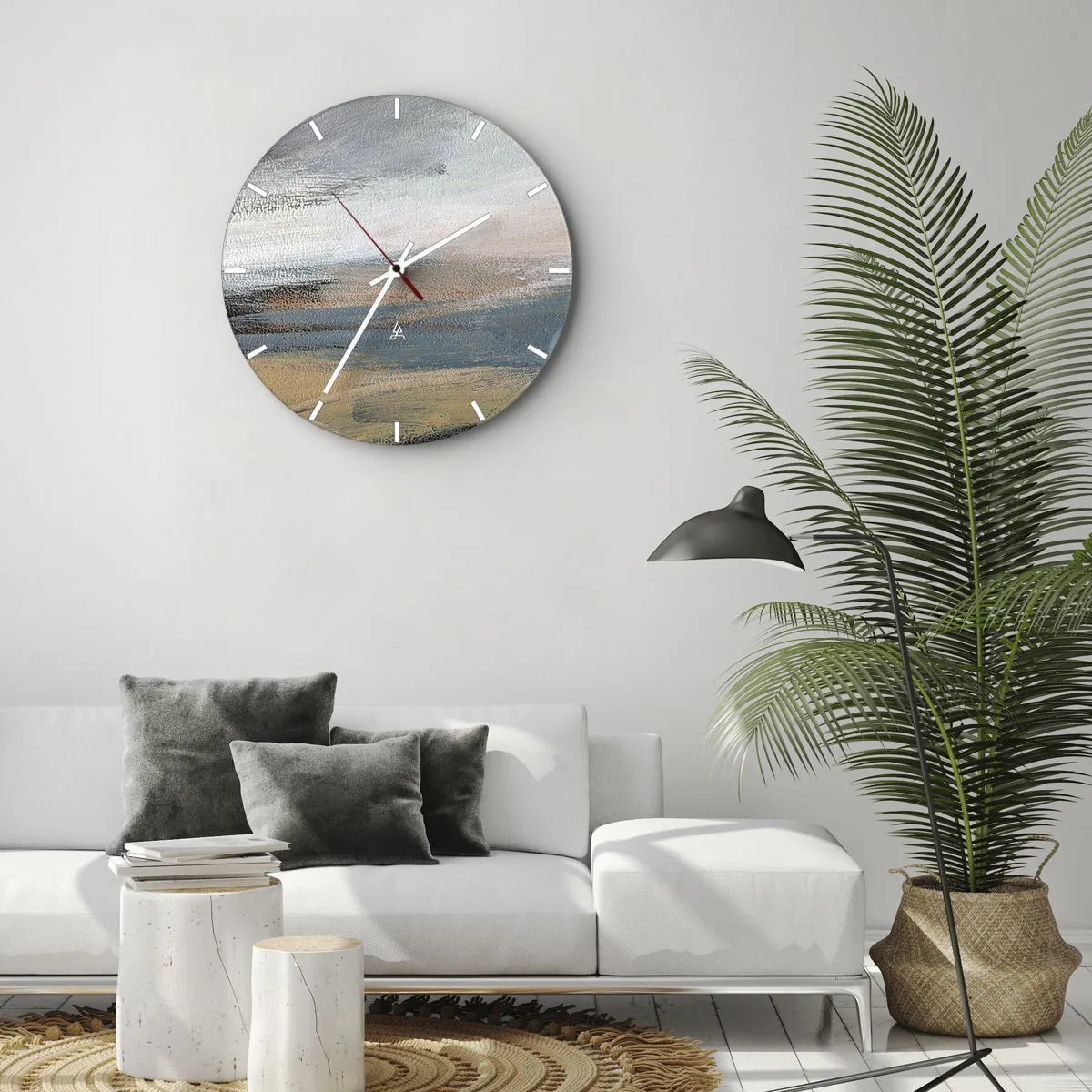 Ceas de perete - Ceas pe sticlă - O abstracțiune picturală care seamănă cu un peisaj în tonuri reci. - 30x30cm - Abstracție: peisaj nordic - Decorațiune modernă pentru perete pentru living, bucătărie și dormitor ARTTOR