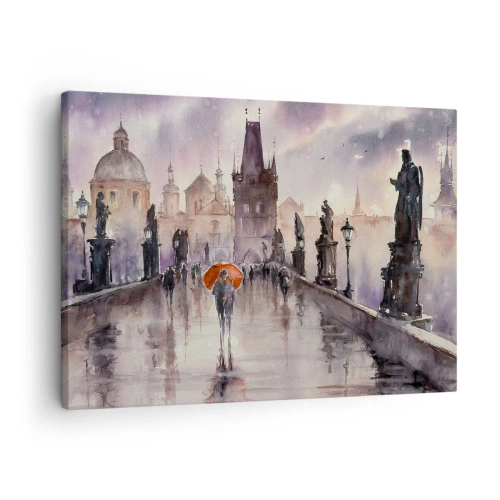 Tablou pe pânză Canvas - Vedere romantică a unui pod cu o umbrelă pe fundalul unui oraș de seară - 70x50cm - Oamenii nu se schimbă - Decorațiune modernă pentru perete pentru living și dormitor ARTTOR
