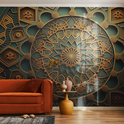 Tapet Standard Eco - Mandala orientală în culori aurii și smarald - 100x70cm - În stil arabic - Decorațiune modernă pentru perete pentru living și dormitor ARTTOR