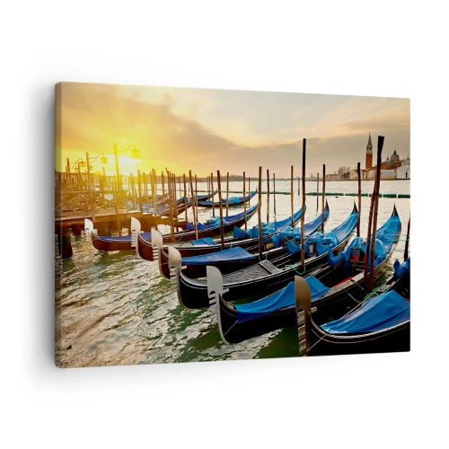 Tablou pe pânză Canvas - Gondole în Veneția dimineața în lumina soarelui care răsare - 70x50cm - Înainte de a începe agitația - Decorațiune modernă pentru perete pentru living și dormitor ARTTOR