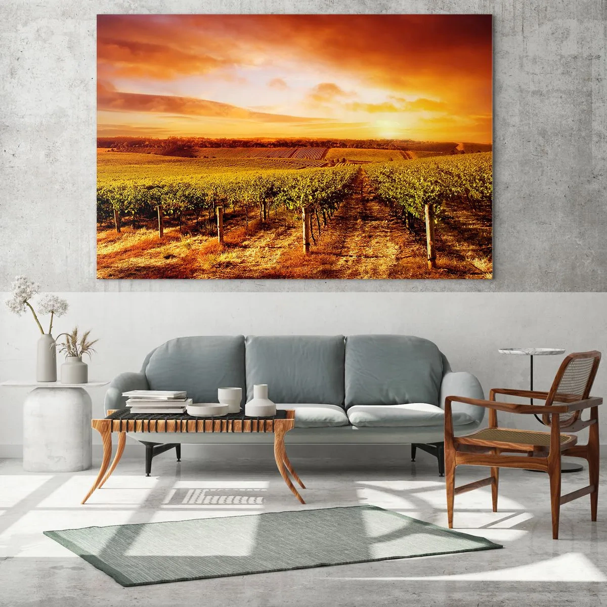 Tablou pe sticlă - Viță de vie într-un câmp la apus - 70x50cm - Cu un iz de fructe, cu o notă de soare - Decorațiune modernă pentru perete pentru living și dormitor ARTTOR