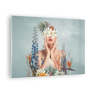 Tablou pe sticlă - Figură de femeie cu coroană de flori și aranjament floral - 70x50cm - Femeia floare - Decorațiune modernă pentru perete pentru living și dormitor ARTTOR