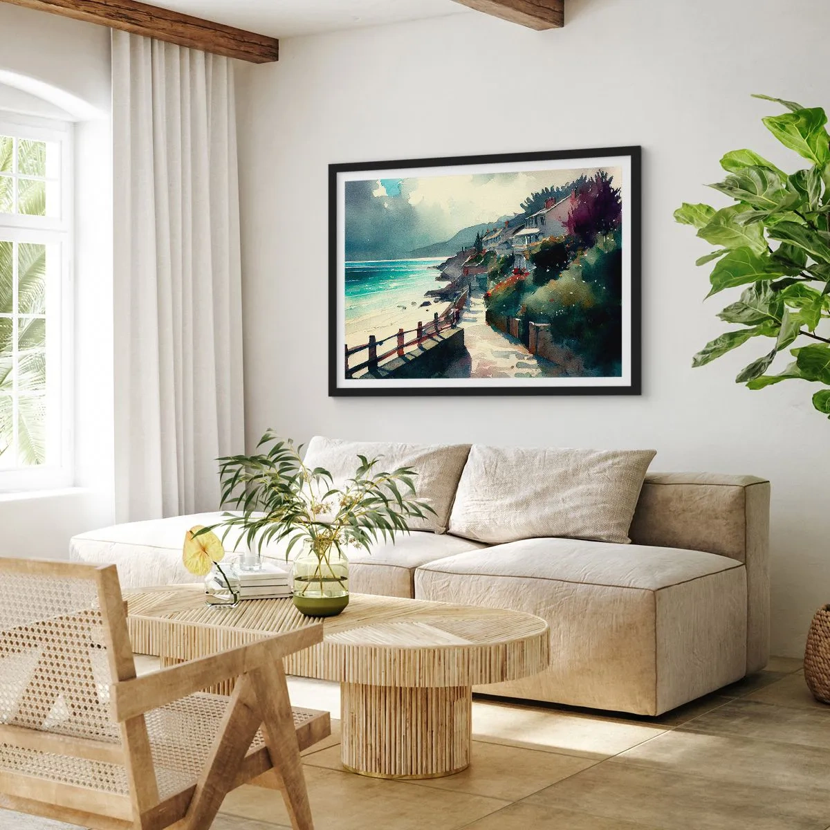 Poster în ramă neagră - Orășel mediteraneean - 70x50 cm