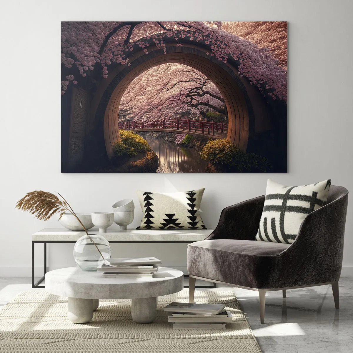 Tablou pe sticlă - Flori de cireș și un pod japonez văzute prin poarta rotundă - 70x50cm - Primăvara japoneză - Decorațiune modernă pentru perete pentru living și dormitor ARTTOR