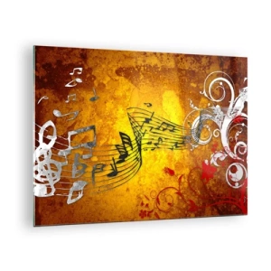 Tablou pe sticlă - Motive muzicale pe un fundal de ornamente aurii - 70x50cm - Lasă muzica să curgă - Decorațiune modernă pentru perete pentru living și dormitor ARTTOR