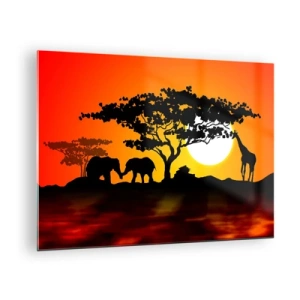 Tablou pe sticlă - Peisaj african cu copaci și animale la apus - 70x50cm - Întâlnire în savană - Decorațiune modernă pentru perete pentru living și dormitor ARTTOR