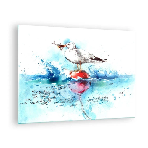 Tablou pe sticlă - Un pescăruș pe o geamandură cu un pește în fundalul valurilor mării - 70x50cm - Pescuit de succes - Decorațiune modernă pentru perete pentru living și dormitor ARTTOR