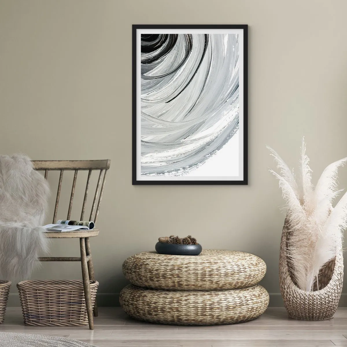 Poster în ramă neagră - Abstracție dinamică în nuanțe de negru, alb și gri - 50x70cm - Compoziție orbitală - Decorațiune modernă pentru perete pentru living și dormitor ARTTOR