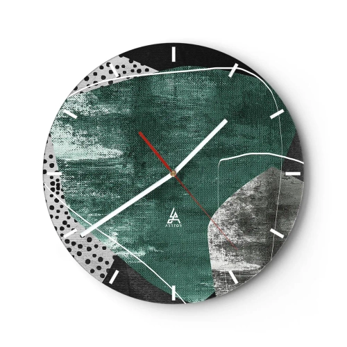 Ceas de perete - Ceas pe sticlă - Compoziție abstractă verde și neagră cu accente grafice - 30x30cm - Abstracție colorată cu fulgi de aur - Decorațiune modernă pentru perete pentru living, bucătărie și dormitor ARTTOR