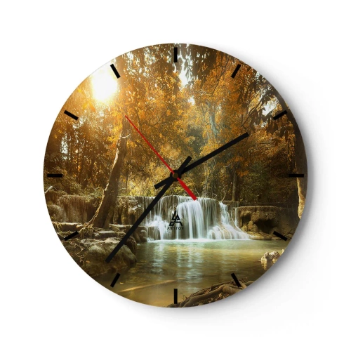 Ceas de perete - Ceas pe sticlă - O cascadă pitorească înconjurată de copaci de toamnă - 30x30cm - Cascadă în parc - Decorațiune modernă pentru perete pentru living, bucătărie și dormitor ARTTOR