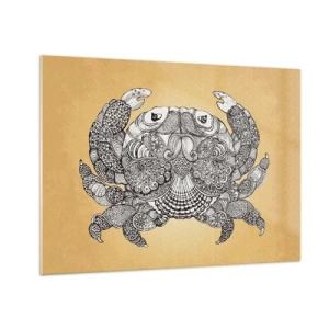 Tablou pe sticlă - Desen stilizat al unui crab cu ornamente pe un fundal galben - 70x50cm - Poveștile Domnului Crab - Decorațiune modernă pentru perete pentru living și dormitor ARTTOR