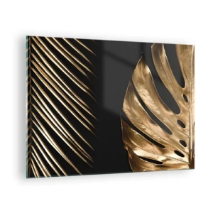 Tablou pe sticlă - Frunze de palmier aurii și monstera pe fundal negru - 70x50cm - Diferite și la fel de scumpe - Decorațiune modernă pentru perete pentru living și dormitor ARTTOR