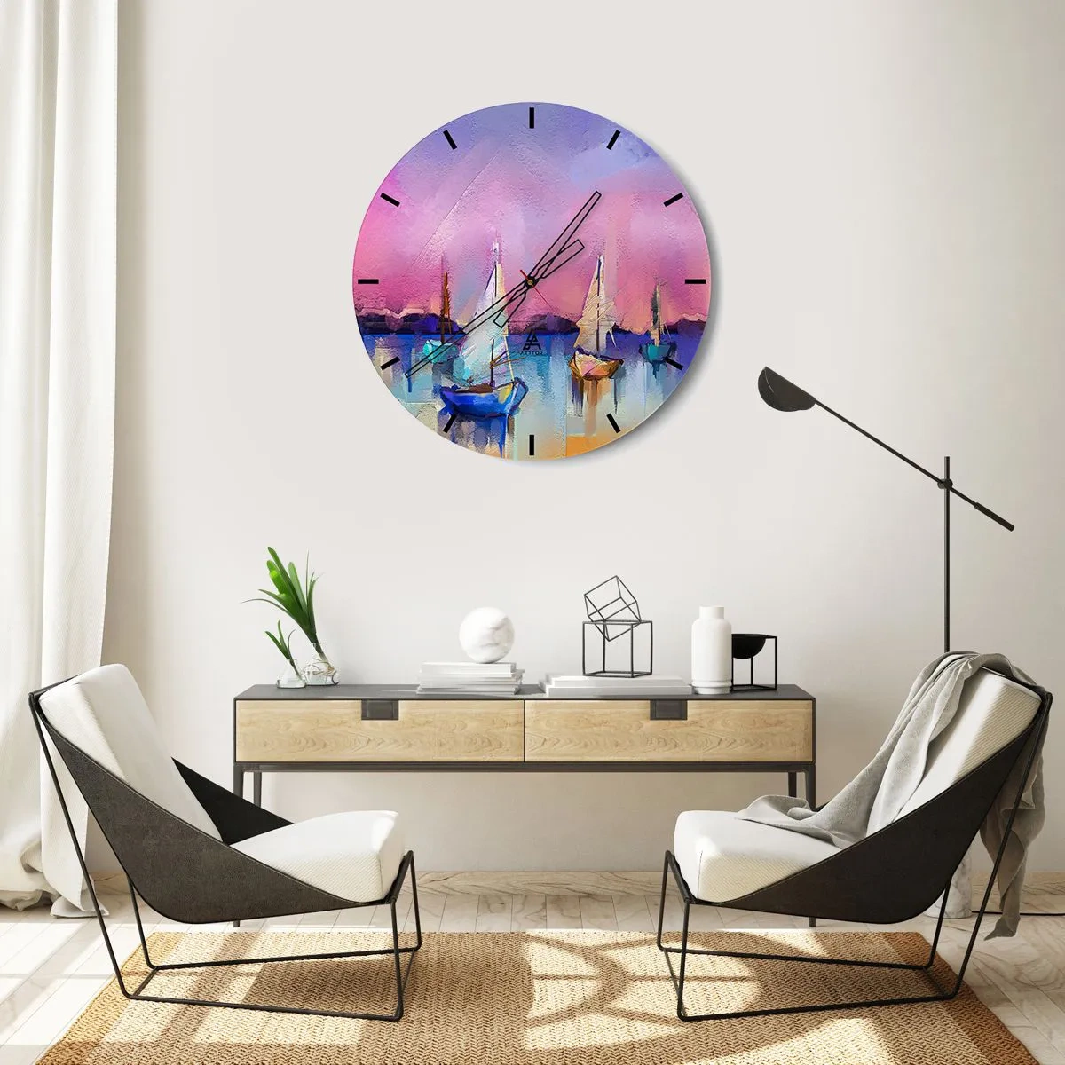 Ceas de perete - Ceas pe sticlă - Marina abstractă cu bărci cu pânze în culori pastelate - 30x30cm - Direcția: ape largi - Decorațiune modernă pentru perete pentru living, bucătărie și dormitor ARTTOR