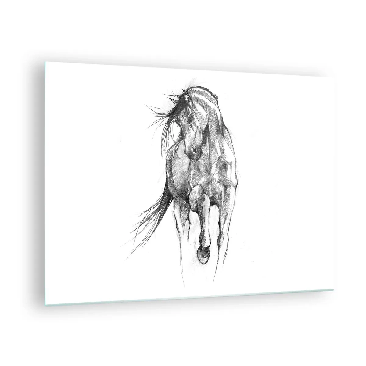 Tablou pe sticlă - O schiță a unui cal în galop într-un stil minimalist - 70x50cm - Într-un trap grațios - Decorațiune modernă pentru perete pentru living și dormitor ARTTOR